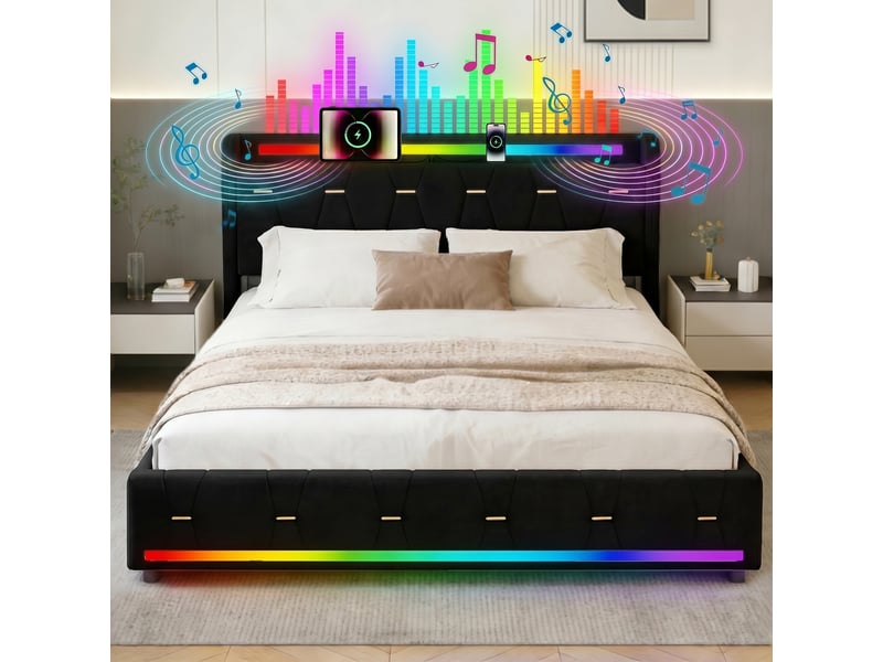  Lit 160x200 cm noir avec rangement, led, 4 tiroirs,ports usb+type-c sans matelas EBD855Q-BK - Conforama C