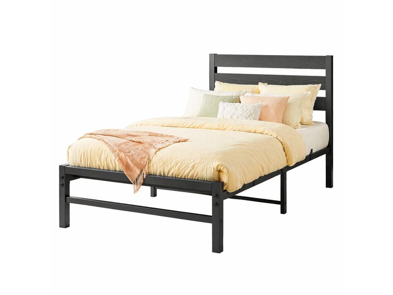  Lit simple 90x200 cm en métal noir avec tête de lit mdf, sommier à lattes, design moderne pour chambre  - Conforama A
