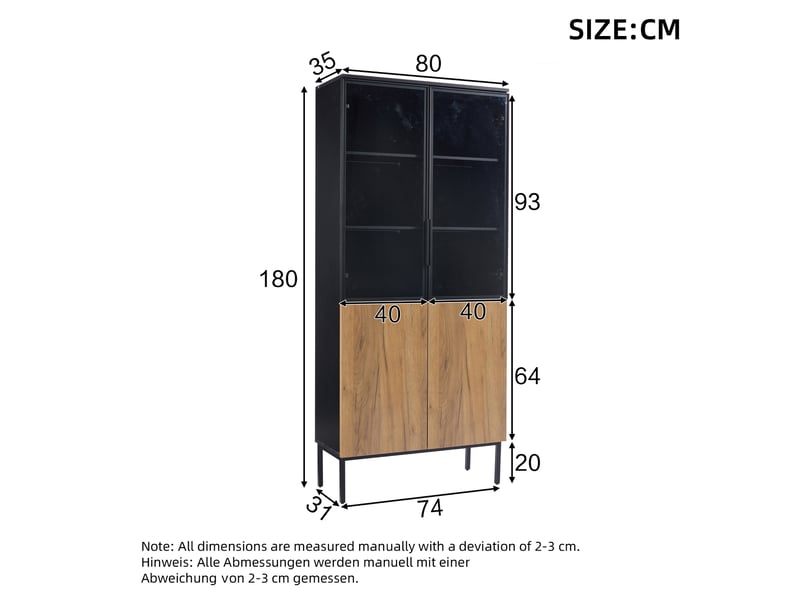 Vitrine noir et chêne 180 cm avec portes en verre, éclairage led et 5 étagères pour collections - Conforama C