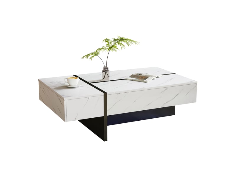  Table basse blanche finition brillante avec led et 3 tiroirs 105x60x35cm motif marbre  - Conforama A
