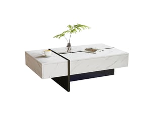 Table basse blanche finition brillante avec led et 3 tiroirs 105x60x35cm motif marbre