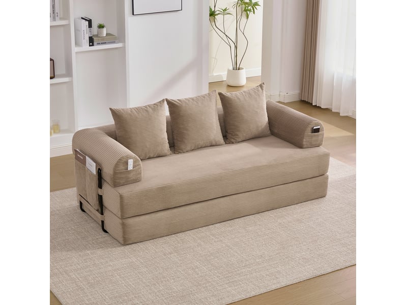  Canapé convertible 200x94x67 cm modulaire avec poches latérales, 3 coussins, métal, kaki  - Conforama B