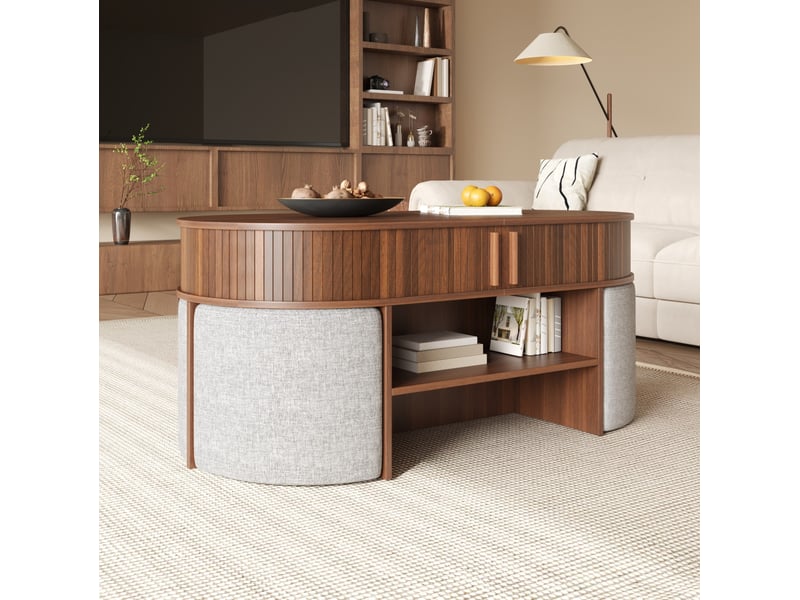  Table basse ovale avec 2 portes coulissantes, rangement ouvert et 2 tabourets en tissu, noyer 120 × 60 × 51,5 cm  - Conforama E