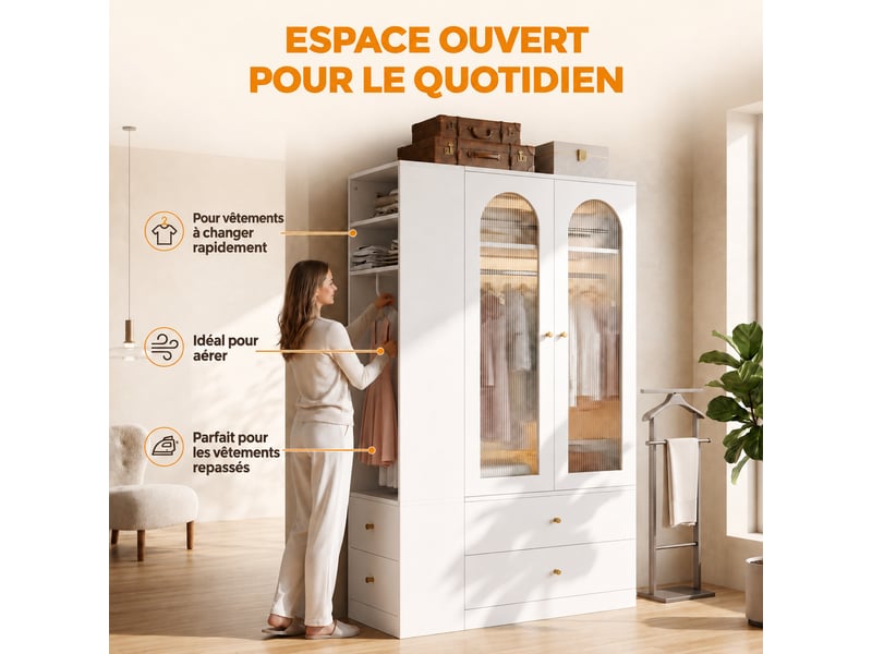  Armoire de chambre - 2 portes vitrées à battantes - 4 tiroirs et 2 tringles - 120 x 50 x 200 cm - blanc  - Conforama E
