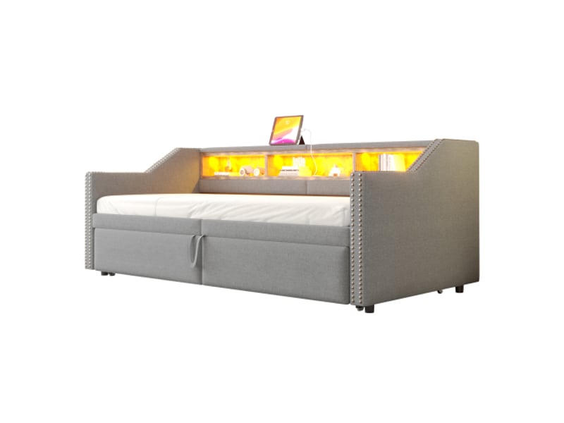 Lit gigogne 90x200 cm, lit enfant avec éclairage led, port usb et sommier à lattes, tissu en burlap, gris clair, sans matelas - Conforama A