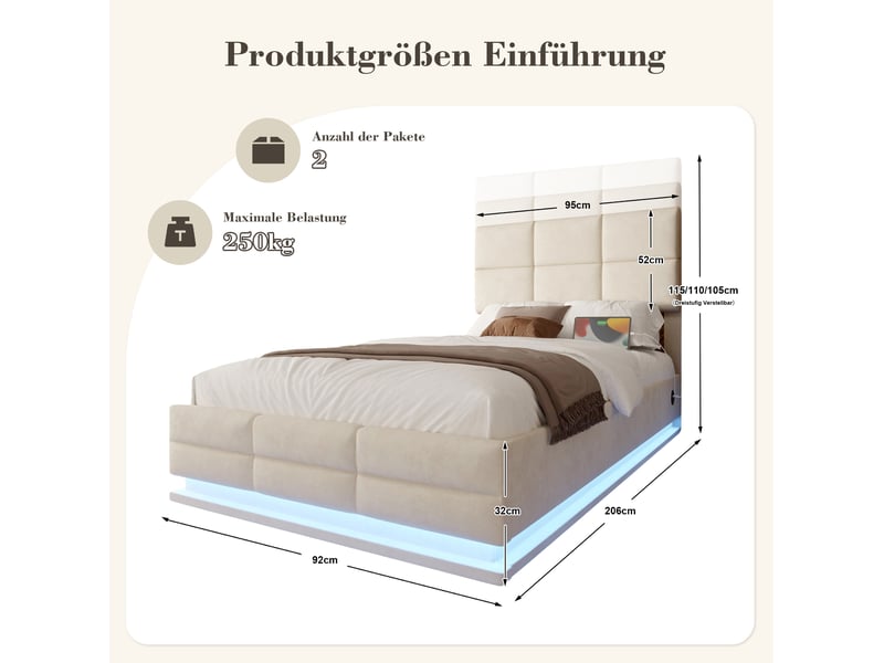  Lit coffre tcqpz 90 x 200 cm en velours beige avec tête de lit réglable, led, usbtype-c et rangement hydraulique, sans matelas  - Conforama C