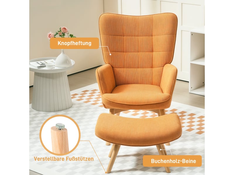  Fauteuil à oreilles avec repose-pieds 72x80x101cm – haut capitonnée et pieds en bois –  velours côtelé - marron  - Conforama E