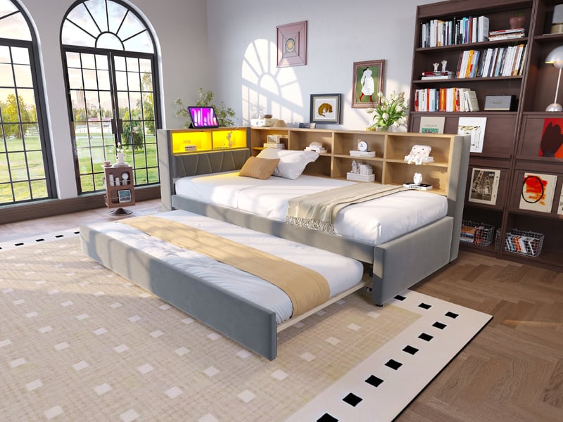  Lit gigogne 90 × 200 cm usb et usb-c, rangements en flanelle - gris foncé C-CRAFTLINK - Conforama E