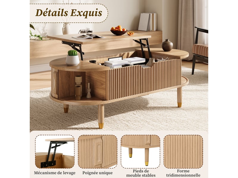 Table basse ovale naturelle 110 x 48 x 57 cm, mdf et pieds en hévéa, plateau relevable et 2 portes coulissantes - Conforama E