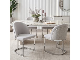 Lot de 4 chaises de salle à manger en chenille gris clair, double dossier rembourré, pieds métal argenté effet miroir, charge 150 kg, modernes