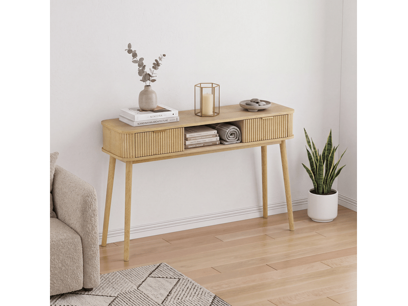  Console style mid-century, finition aspect chêne, 2 tiroirs et niche ouverte, 120 x 35 x 77,6 cm  - Conforama C
