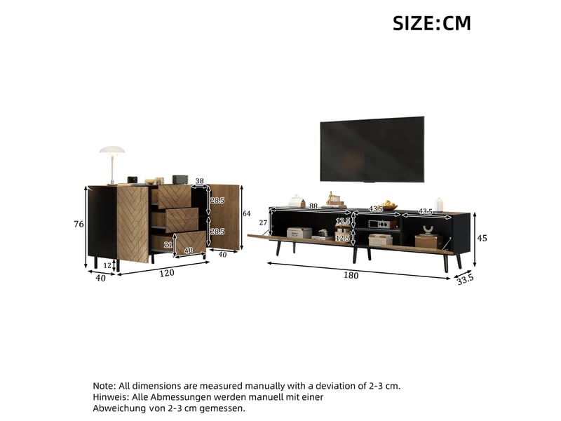  Ensemble meuble tv et buffet – 180 x 33,5 x 45 cm + 120 x 40 x 76 cm – effet bois  - Conforama B