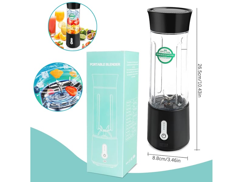  Blender portable sans fil usb-c, 6 lames inox, led, 620g, pctg, 89×89×270mm - noir  - Conforama D