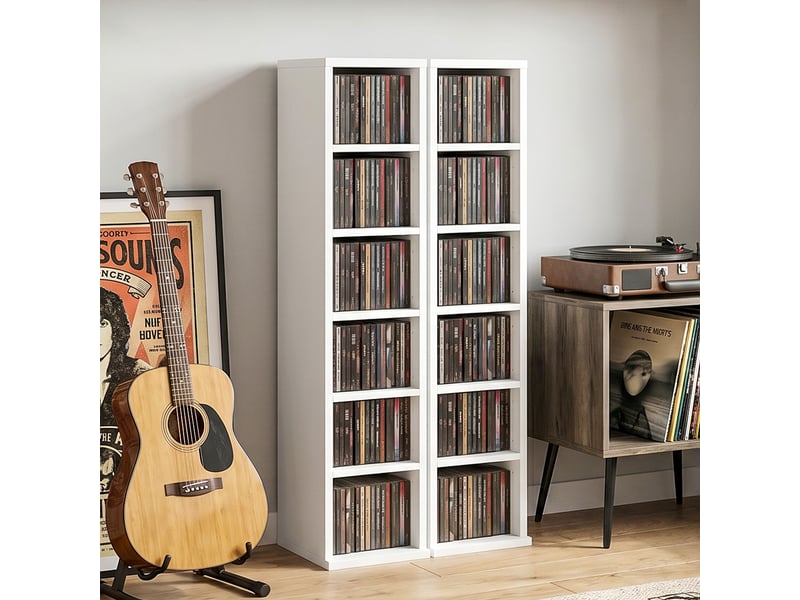  Ensemble de 2 étagères de rangement pour cd (204 cc), support tour blu-ray avec étagères réglables, organiseur de bibliothèque, blanc  - Conforama B