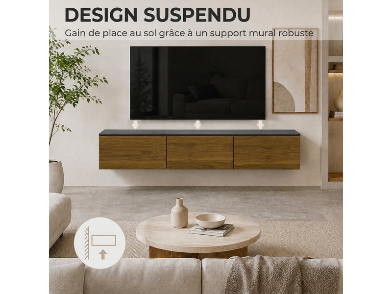  Meuble tv suspendu ou sur pied 160 cm pour téléviseur 65 pouces, porte à fermeture, noyer, passe-câbles  - Conforama E