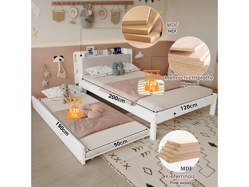  Lit gigogne 120x200 cm blanc en bois, lit 2 en 1 avec couchage 90x190 réversible, tête rembourrée, étagères et station de charge  - Conforama D