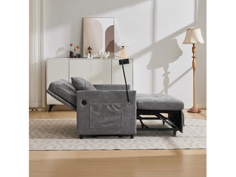  Canapé convertible modenvie 1 place gris en tissu effet lin avec port usb et support tablette  - Conforama E