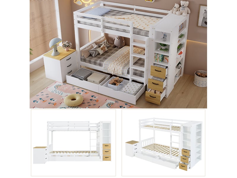  Lit superposé 90 × 200 cm 2 places avec 2 tiroirs, étagères et commode, sans matelas, en bois, blanc et naturel  - Conforama E