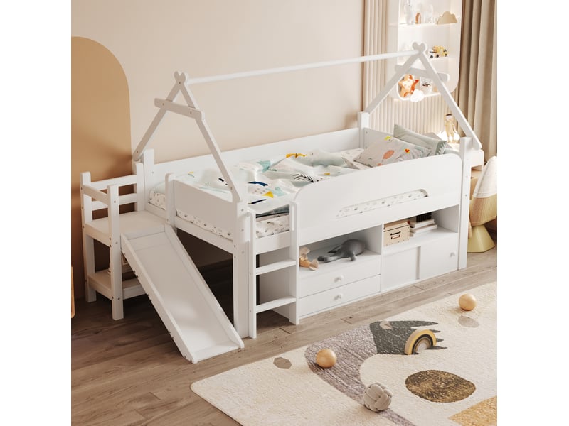  Lit enfant mezzanine rangement 90x200 bois massif toboggan toit maison homvra  - Conforama C