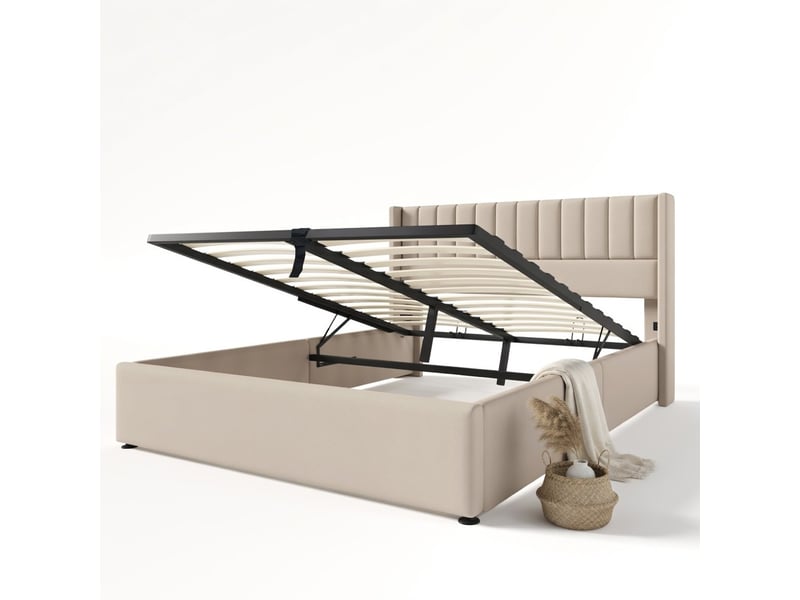  Lit coffre 160x200 cm en lin beige avec matelas inclus  - Conforama A