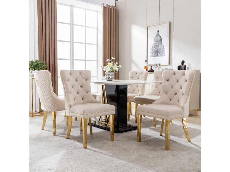  Lot de 6 chaises de salle à manger 65.5x51x95 cm, dossier doux, anneau décoratif arrière, velours, métal, beige, doré  - Conforama E