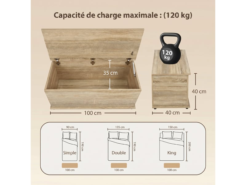  Coffre de rangement, banc de rangement avec couvercle rabattable et charnières de sécurité, naturel, 100 x 40 x 40 cm  - Conforama C