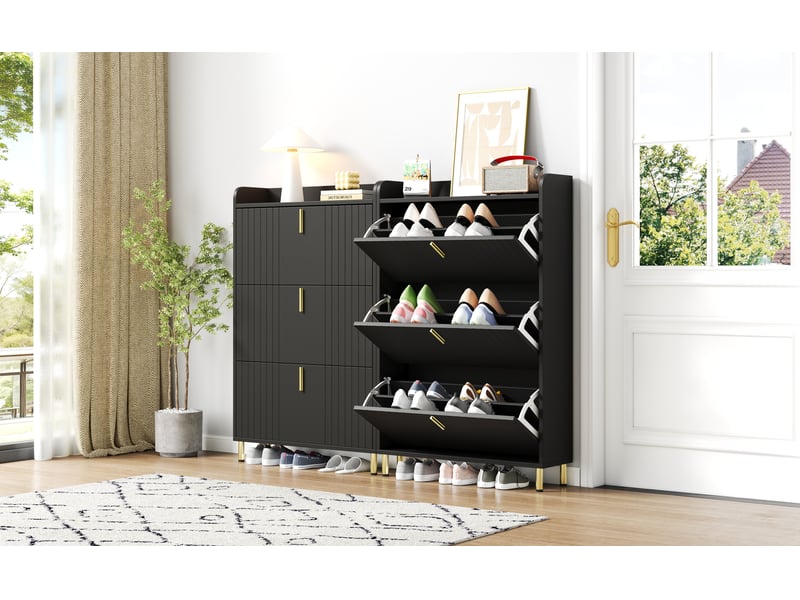  Meuble à chaussures noir mat 80x23x123,5 cm, 3 portes abattantes, rangement 6 niveaux, structure mdf pour entrée  - Conforama R