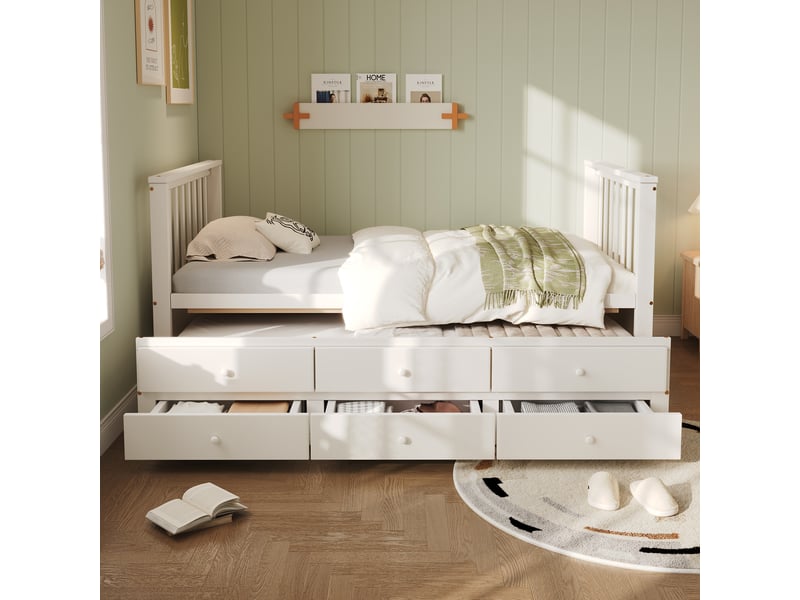  Lit gigogne 90x200 cm en bois massif blanc avec lit d'appoint 90x190 cm et 3 tiroirs  - Conforama B