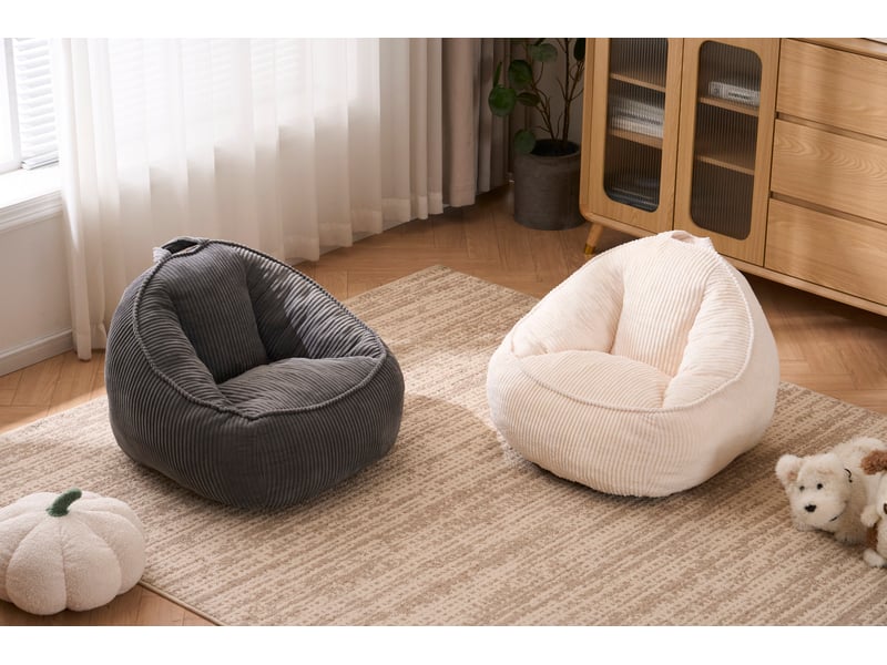  Fauteuil pouf enfant 72x69x51 cm, usage intérieur, dossier ergonomique, peluche douillette, remplissage en mousse, tissu revêtement en velours côtelé, gris clair  - Conforama D