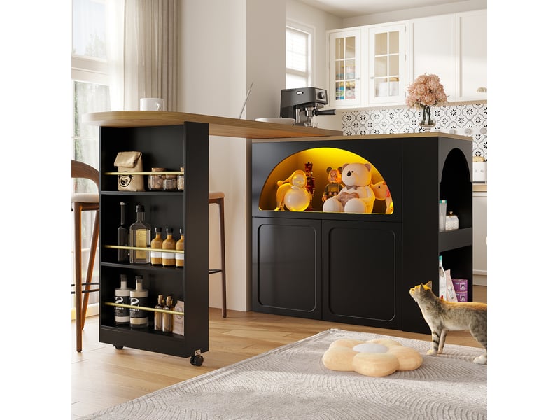  Table de bar extensible 135-205x39x100cm roulettes freinées éclairage multicolore commandable rangements mdf noir  - Conforama R