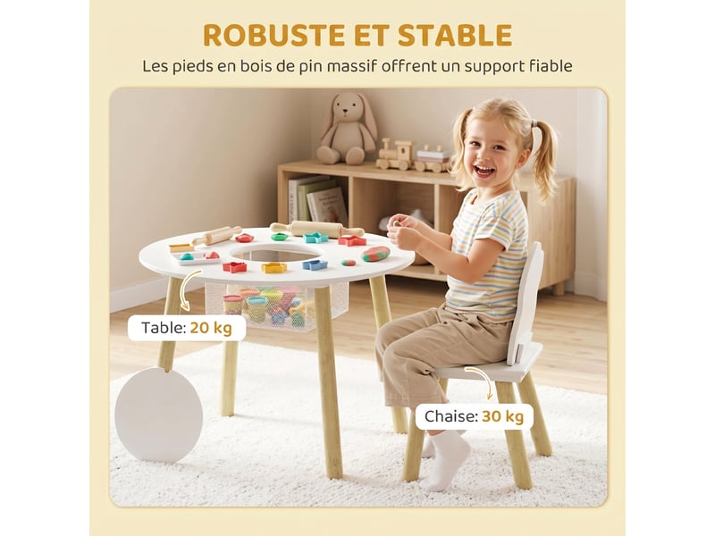  Table enfant avec chaise, ensemble table et 2 chaises en bois avec sac de rangement pour dessiner, jouer, blanc, étudier  - Conforama W