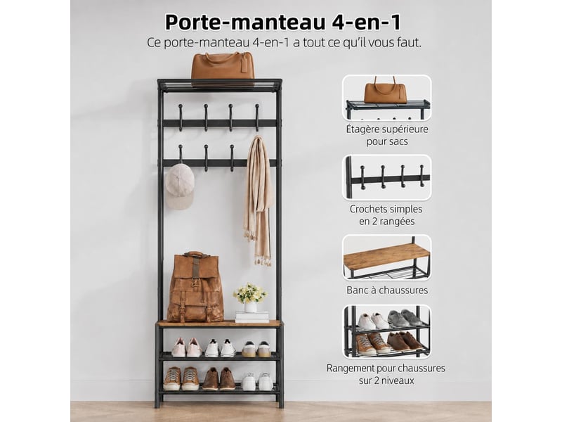  4-en-1 vestiaire d’entrée avec range chaussures, porte-manteau à 10 crochets, 180 x 63 x 30 cm  - Conforama D
