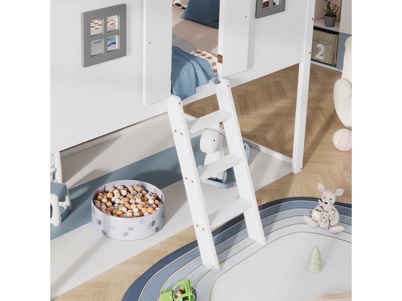  Lit mezzanine 90x200cm, lit cabane avec 2 fenêtres, porte, escalier et sommier, pin+mdf blanc, sans matelas  - Conforama R