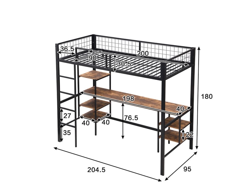  Lit mezzanine 90x200 cm, lit surélevé avec bureau et étagère pour enfant et adolescent, structure en métal et bois avec échelle 4 marches, noir  - Conforama E
