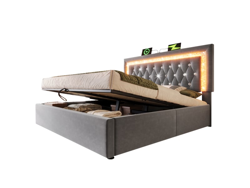  Lit avec coffre, 160x200 cm, avec bande led, système de recharge usb et type c, matelas inclus, métal, coloris gris  - Conforama A