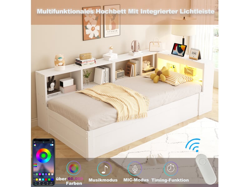  Lit banquette 90x200 cm – blanc – coffre hydraulique, led, prise et rangements intégrés - sans matelas  - Conforama E