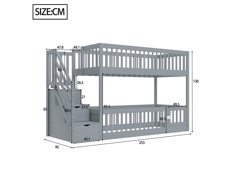  Lit superposé 90x200 cm avec escalier de rangement, porte ouvrante, bois, gris sans matelas  - Conforama E