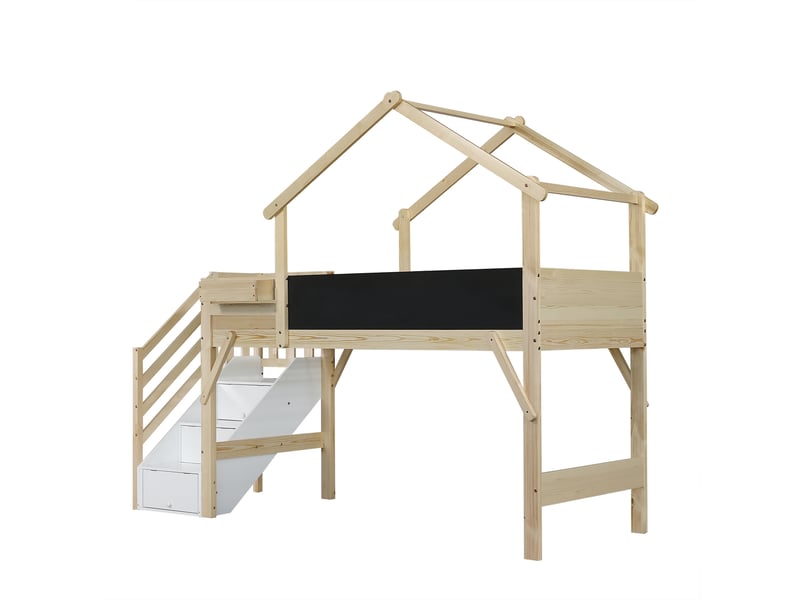  Lit superposé avec escalier et rangement, lit 90x200 cm en pin blanc et naturel  - Conforama D