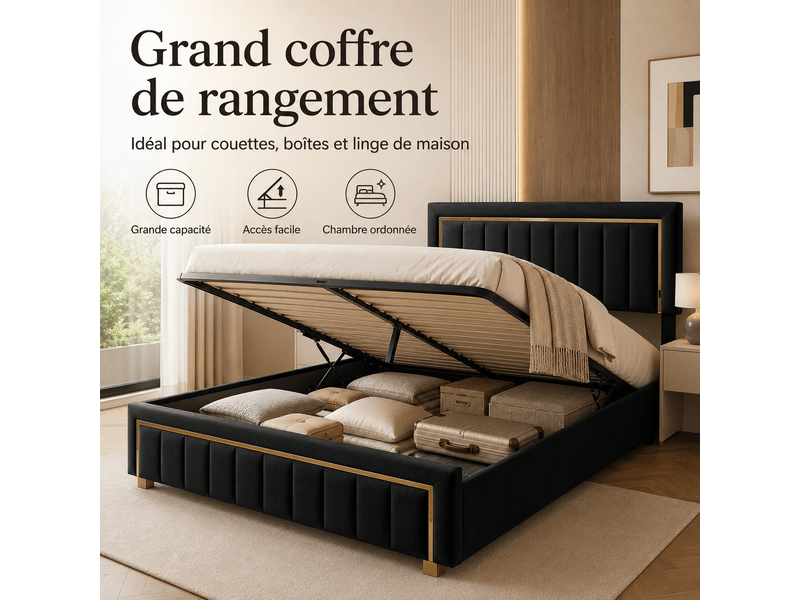  Lit coffre double 160x200 cm - lit rembourré adulte avec sommier à lattes et espace de rangement hydraulique - lit capitonné - cadre de lit 2 personnes - sommier à lattes et tete de lit rembourré - velours beige - sans matelas -…  - Conforama W