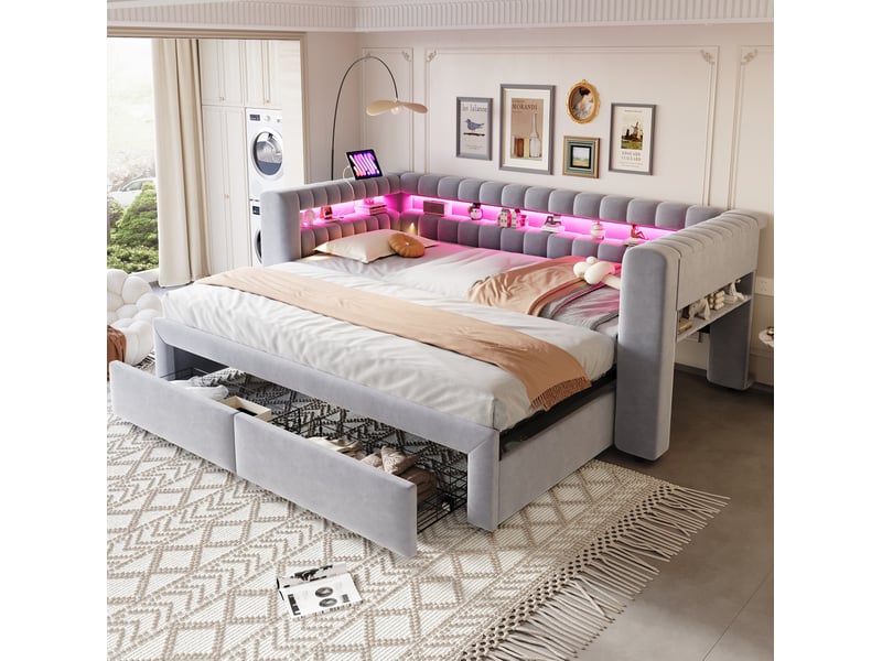 Lit gigogne 90x190 cm avec tiroirs et éclairage led en velours gris clair - Conforama B