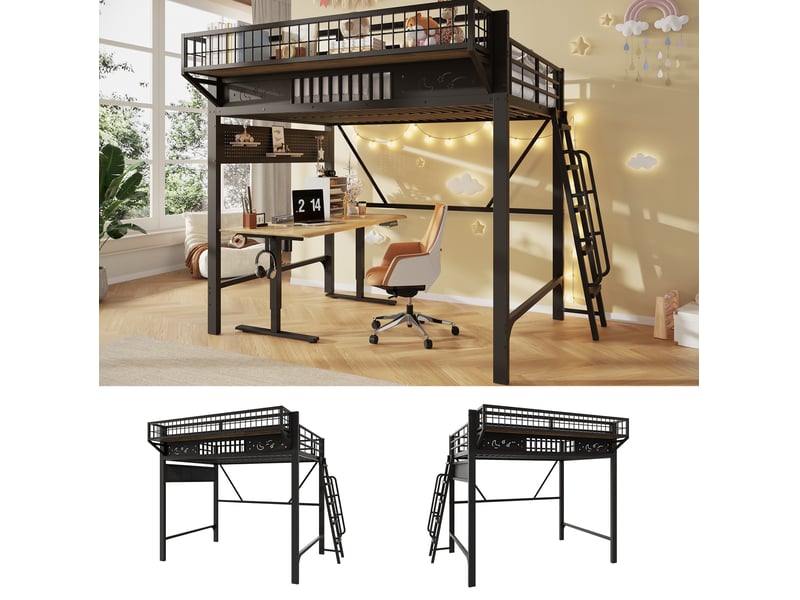  Lit mezzanine 140x200 cm, rangement latéral, espace inférieur ouvert, échelle réversible, métal noir, sans matelas  - Conforama D