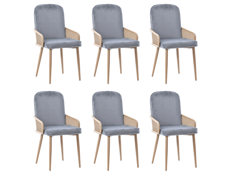  Lot de 6 chaises de salle à manger,design rotin et pieds métal,velours,gris  - Conforama A