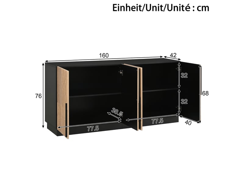 Buffet et enfilade avec 4 portes et 2 étagères fixes, façade relief, poignées en métal, noir et naturel  - Conforama D