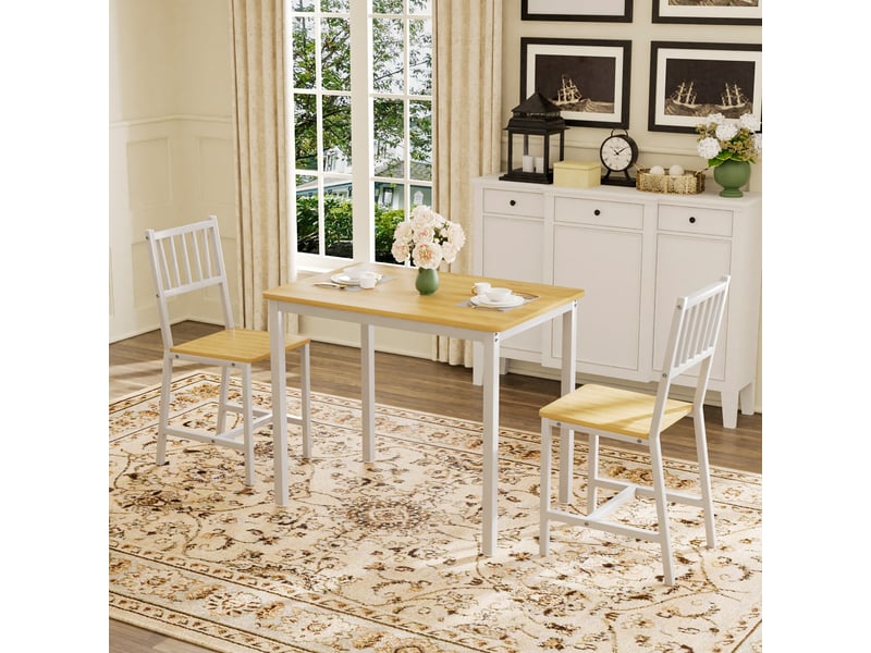  Ensemble table à manger avec deux bancs, table à manger style industriel, plateau naturel et structure blanche, 3 pièces pour cuisine  - Conforama E