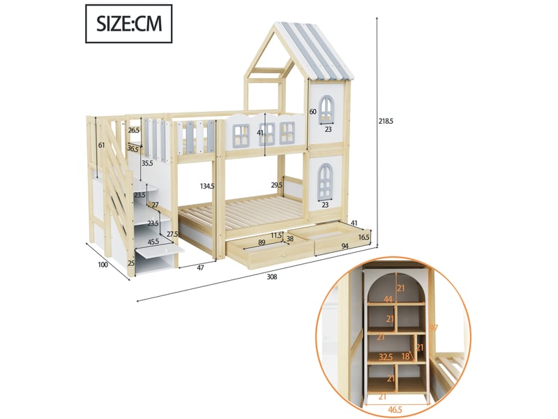  Lit superposé cabane 90 × 200 cm, escalier, étagères, tiroirs et toit décoratif, pin, mdf et contreplaqué, blanc et gris  - Conforama C