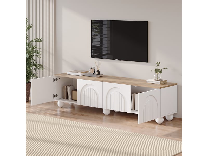  Meuble tv bas 180x40x45 cm pour écran jusqu’à 80 pouces, meuble télévision avec 4 portes push-to-open, 6 pieds boule en métal, mdf, blanc et bois OPULERANE TRADING LTD - Conforama E
