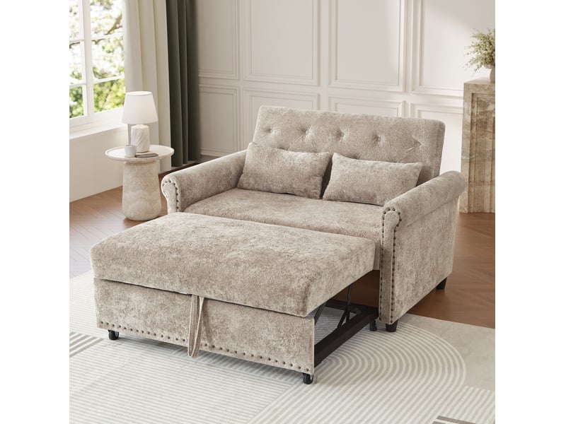  Canapé-lit 2 places 3-en-1 en chenille taupe avec dossier réglable  - Conforama B