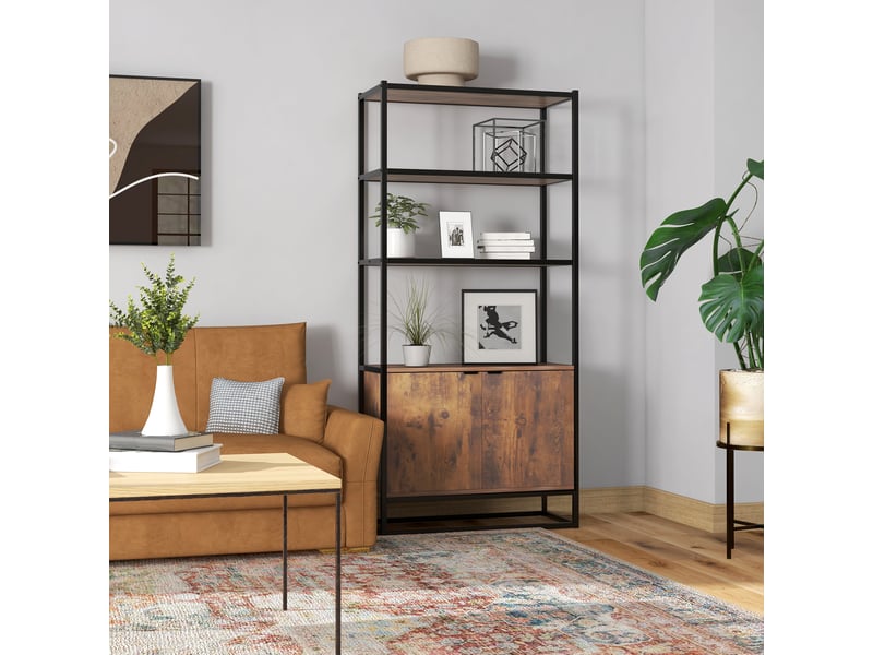 Bibliothèque de style vintage avec 3 étagères, 1 caisson en bois et une structure en métal noir 76 x 33 x 162,5 cm  - Conforama C