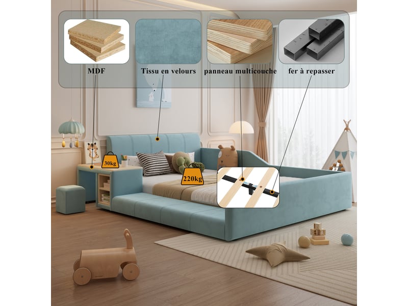  Lit capitonné enfant avec bureau, tabouret et rangement, tête de lit douce, 140x200cm, bleu, velours  - Conforama C
