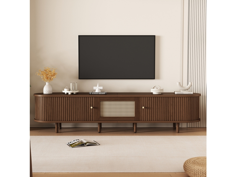  Meuble télévision bas 180x40x40 cm, marron, couleur décor rotin, 8 pieds réglables, poignées dorées, portes coulissantes, tiroir, aggloméré  - Conforama B